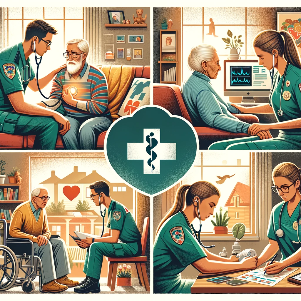 Composite image showing community paramedics in various roles: educating a family on medications, performing an ultrasound on an elderly patient, providing hospice support, and conducting a wellness visit.